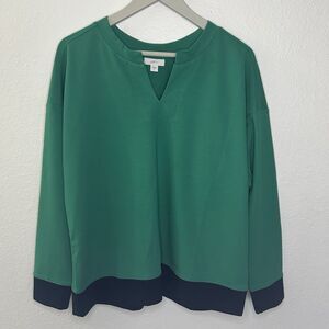 J.‎ Jill FIT Women's VNeck Knit Long Sleeve Top Green Navy Size S preppy minimal